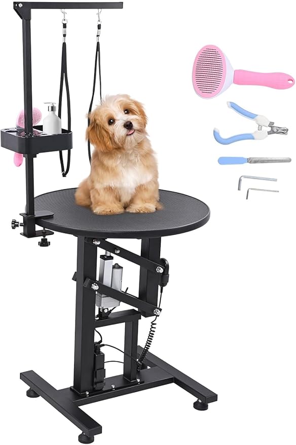 Electric Hydraulic Lift Pet Dog Grooming Table, 24Inch 360° Rotating Grooming Desktop for Small Dogs, with Overhead Arm, Wireless Remote, Tool Organizer, Black-Mewly Pet
