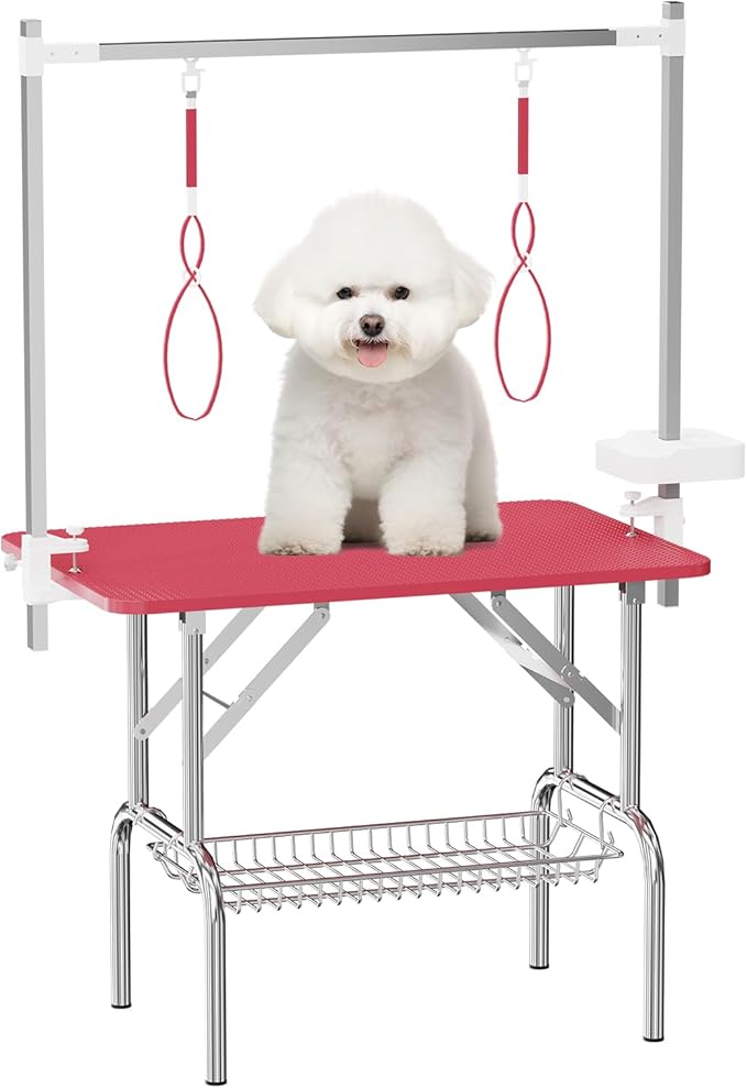 VFK 36''/47''Large Dog Grooming Table, Foldable Pet Station at Home, Dog Grooming Table,Adjustable Cat Drying Desktop with Arms, Nooses, Mesh Tray (Stainless Steel pet Table, 36" Pink)-Mewly Pet