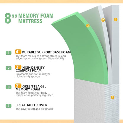 PayLessHere 8 inch Memory Foam Mattress Cooling Gel Green Tea Infused Mattress,CertiPUR-US Certified,Breathable Bed Mattress for Cooler Sleep Supportive & Pressure Relief,White Twin