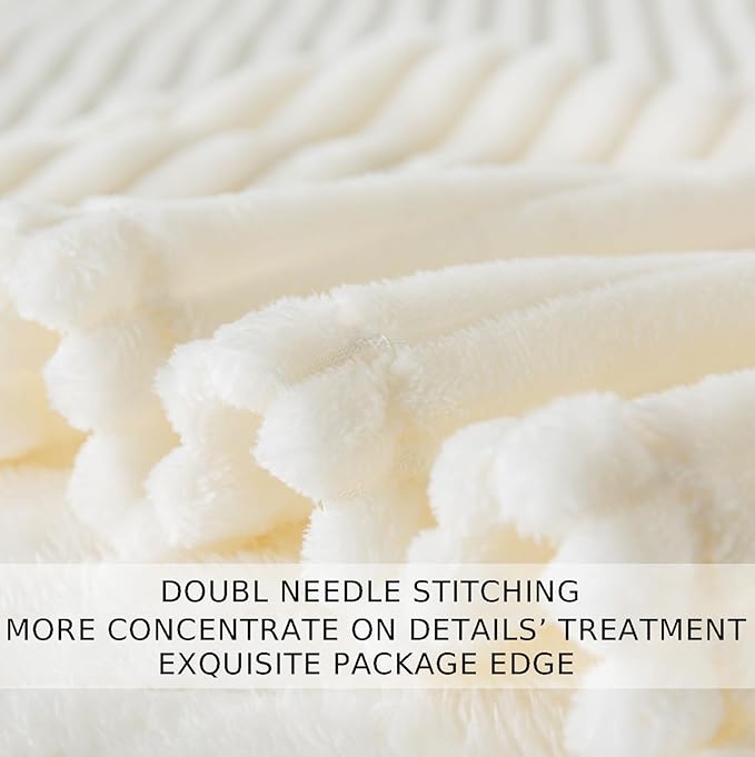 Cuddly Twin Size Blanket, Fluffy Fleece, Warm & Soft with Striped Pattern, 66x90 Inches, Cream