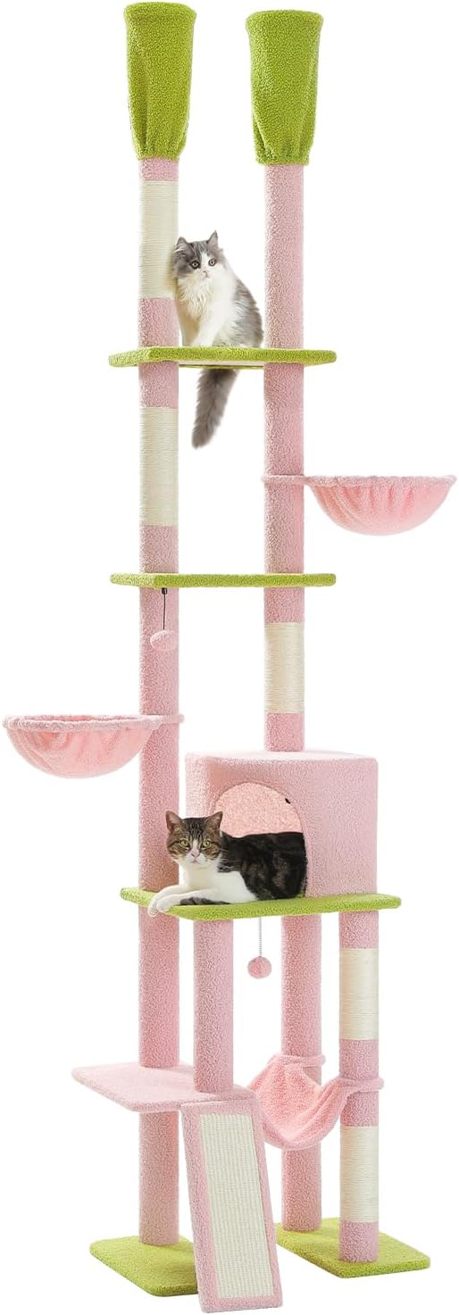 PAWZ Road Pink Cat Tree, Floor to Ceiling Cat Tower with Adjustable Height(85-112 Inches), 7 Tiers Climbing Activity Center with Cozy Hammocks, 5 Platforms and Scratching Posts for Indoor Cats-Pink-Mewly Pet