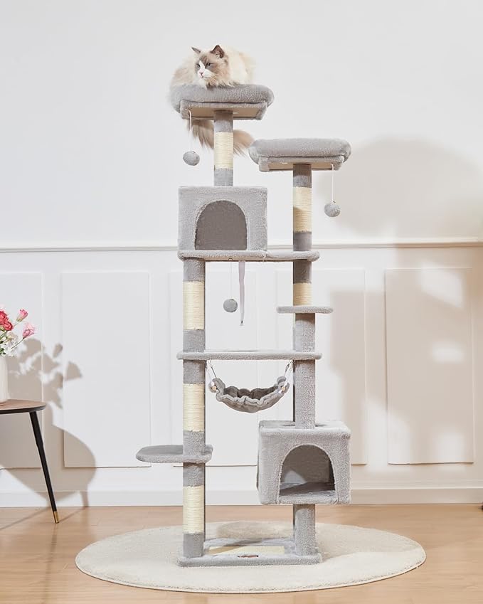 Taoqimiao Cat Tree, 68-Inch Cat Tree Cat Tower for Indoor Cats, Plush Multi-Level Cat Condo with 6 Scratching Posts, 2 Perches, 2 Caves,Hammock, 3 Pompoms,MS020SW Light Gray-Mewly Pet