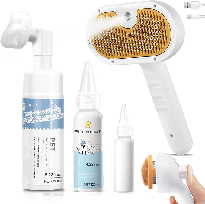 Pet Steam Brush for Dogs & Cats with Paw Cleaner & Shampoo – 3-in-1 Grooming Spray Comb, Mist Massage & Defur Function, Water Spritz Deshedding Tool for Long/Short Hair, Indoor Pets-Mewly Pet