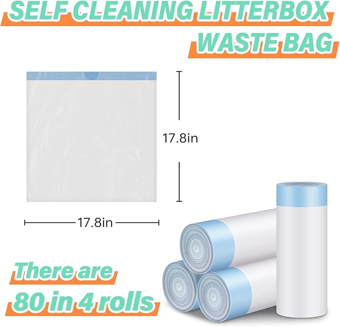 Cat Litter Bags, 80 Pieces Litter Box Liners for Automatic Cat Litter Box Self Cleaning, 4 Rolls 18 x 18 inches Robot Drawstring Bags, White-Mewly Pet