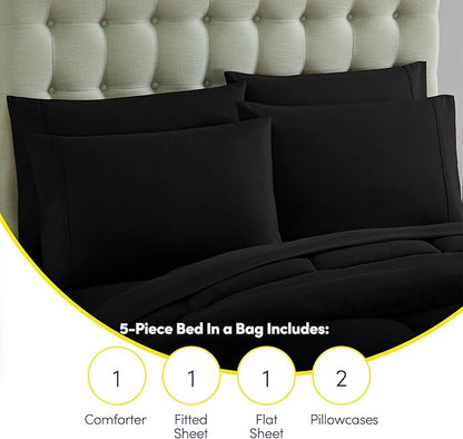 Sweet Home Collection 5 Piece Comforter Set Bag Solid Color All Season Soft Down Alternative Blanket & Luxurious Microfiber Bed Sheets, Black, Twin XL