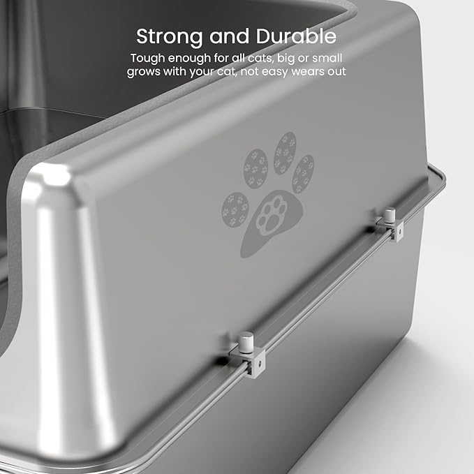 Enclosed Stainless Steel Cat Litter Box with Lid, Oversize Metal Litter Box for Multi Cats, XXXL Supersize Cat Toilet with High Side, Non-Stick, Anti-Leakage, Odorless, with Litter Mat & Litter Scoop-Mewly Pet