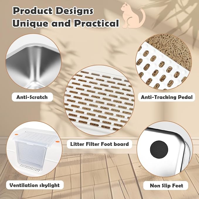 Vivifying Stainless Steel Litter Box with Lid, XL Side Entry Extra Large Litter Box for Big Cats & Kitty, Removable Enclosed Metal Cat Pan with High Sided Enclosure, Scoop, Mat, Footboard (Beige)-Mewly Pet