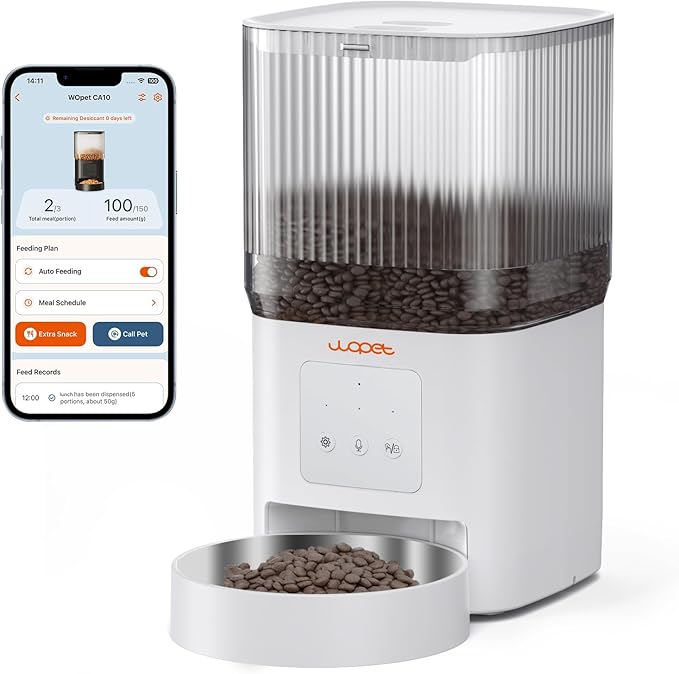 WOPET Automatic Cat Feeder, WiFi Dog Feeder with APP Control for Remote Feeding, Automatic Cat Food Dispenser with 10S Voice Record,1-10 Meals Per Day for Cats and Dogs-Mewly Pet