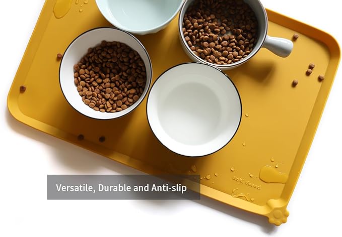 Hoki Found L Silicone Non Slip Pet Feeding Mats - Waterproof Dog Cat Food and Water Mats for Carpet - Honey-Mewly Pet