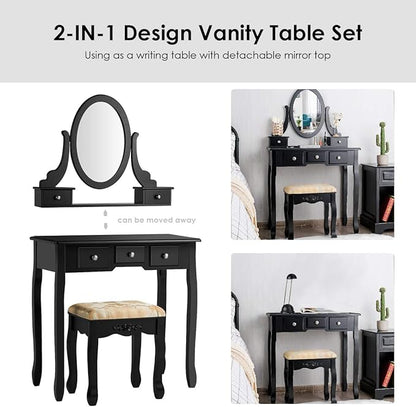 CHARMAID Vanity Table Set with Rotatable Oval Mirror, Bedroom Makeup Table with 5 Drawers for Women Girls, Dressing Table with Cushioned Stool (Black)
