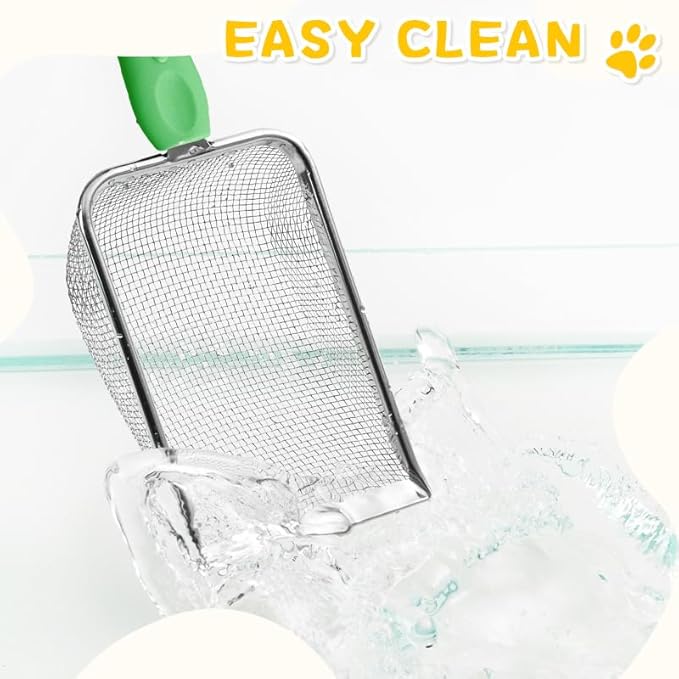 Metal Cat Litter Scoop,Sturdy Litter Cleaner Corner Shovel,Stainless Steel Mesh Litter Shovel,Easy to Clean Reptile Terrarium Sand Waste(Green)-Mewly Pet