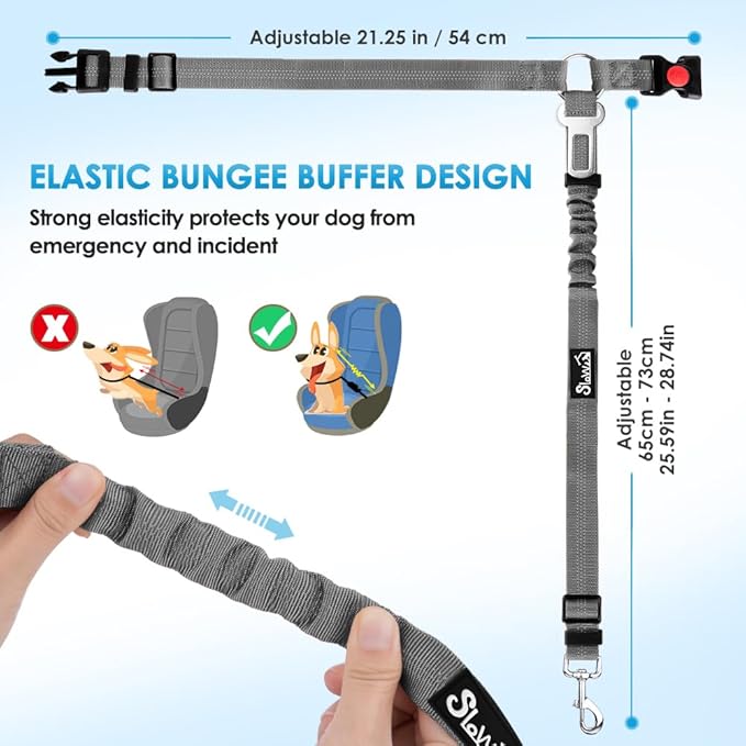 SlowTon Dog Seat Belt for Car, 2 Pack Dog Car Harness Seatbelt Adjustable with Elastic Bungee Buffer, 2 in 1 Pet Car Leash Headrest Restraint Dog Reflective Safety Tether (Grey, Headrest+Clip)-Mewly Pet