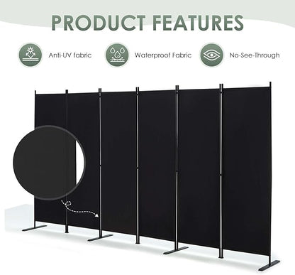 RANTILA 6 Panel Room Divider, 6 FT Folding Privacy Screen with Wide Feet, Freestanding Partition for Room Separation, Portable Room Divider Panel, 133" W x 71" H, Black