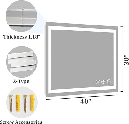 Koonmi 30x40 LED Bathroom Mirror, Backlit + Front Lit, LED Bathroom Mirror with Lights for Wall, 3 Colors, Anti-Fog, Dimmable Brightness, Memory Function, Tempered Glass