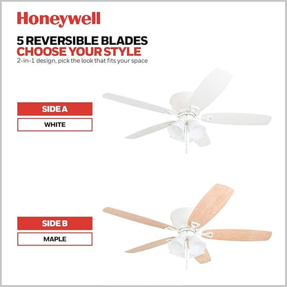 Honeywell Ceiling Fans Glen Alden, 52 Inch Classic Flush Mount Indoor LED Ceiling Fan with Light, Pull Chain, Quick-2-Hang Dual Finish Blades, Reversible Motor - 50520-01 (White)