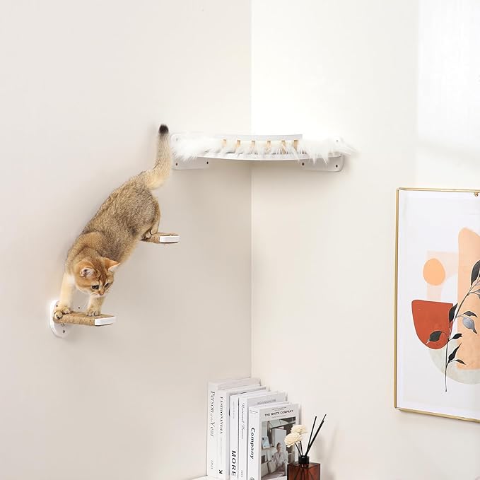 3-in-1 Cat Climbing Wall Steps with Hemp Rope, Shelves and Perches - Wall-Mounted Cat Furniture Set with Scratching Pads (White)-Mewly Pet