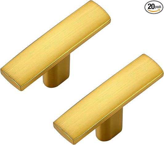 20 Pack Gold Cabinet Knobs - Curved Cabinet Pulls Brushed Brass Knobs for Kitchen Drawer Solid Dresser Hardware 1-3/4in Length Single Hole