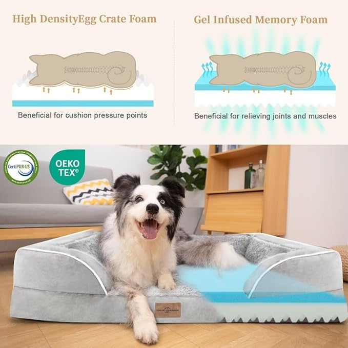 Comfort Expression XXL Dog Beds Waterproof for Extra Large Dogs, Orthopedic Memory Foam Dog Bed for Giant Dogs, Washable Pet Sofa Couch with Bolster & Removable Cover(XX-Large,Light Grey)-Mewly Pet