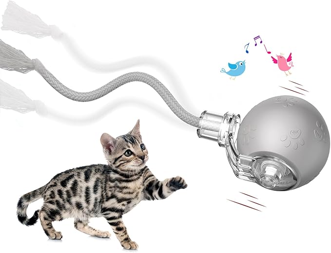 Interactive Cat Toys, Automatic Moving Cat Toy for Bored Indoor Adult Cats, Fast Rolling, Chirping & Motion-Activated Cat Toys, Fun Gift for Cats with Speedy Tail 2.0, USB Rechargeable(Gray)-Mewly Pet