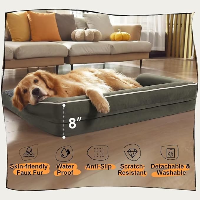 Large Dog Bed Orthopedic Washable - XXL Large Big Dogs - Waterproof with Removable Cover - Memory Foam - Beds Bolster Pet - Dogs Couch Sofa Bed - Dark Green Dog Beds-Mewly Pet