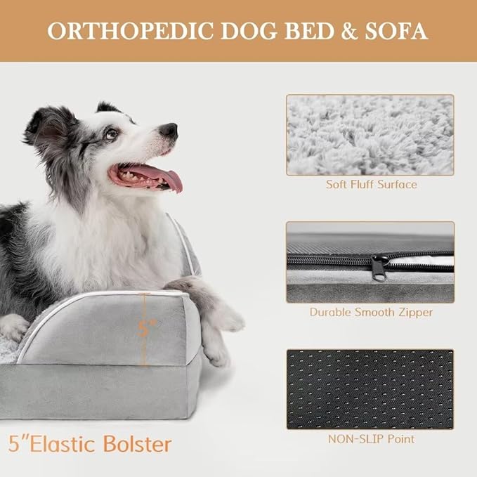 Comfort Expression XL Dog Beds Waterproof, Orthopedic Foam Dog Beds Large Sized, Bolster Dogs Beds Washable Pet Sofa with Removable Cover & Non-Slip Bottom(X-Large,Grey White)-Mewly Pet