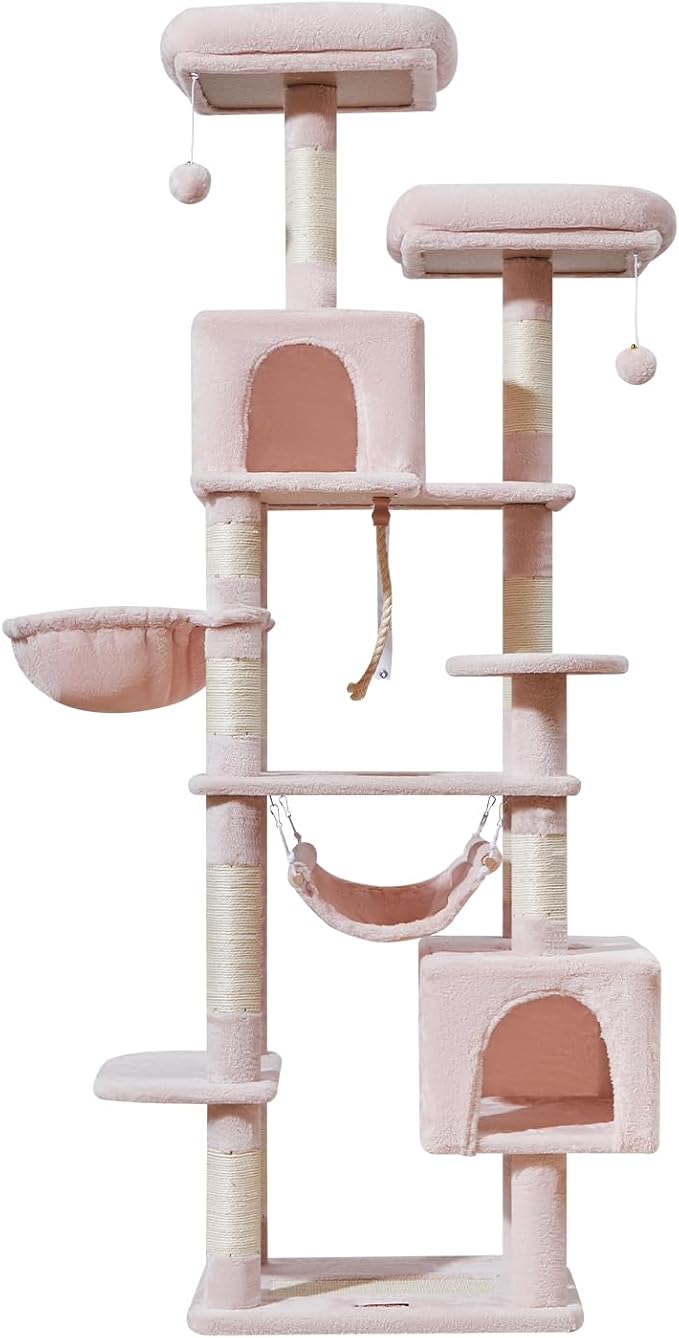 Taoqimiao Cat Tree, 71-Inch Cat Tree Cat Tower for Indoor Cats, Plush Multi-Level Cat Condo with 10 Scratching Posts, 2 Perches,Basket, 2 Caves,Hammock, 2 Pompoms,MS020P Jelly Pink-Mewly Pet