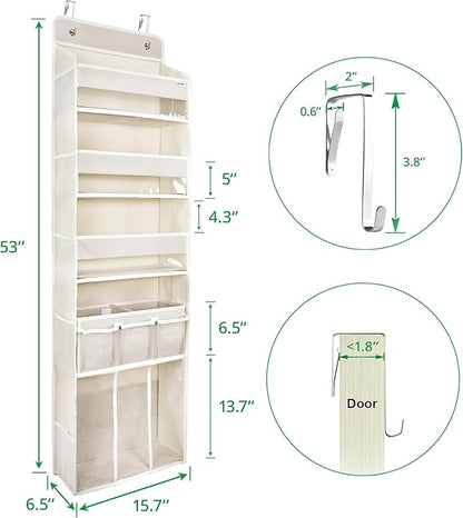 Door Hanging Storage Organizer,with 3 Bins 1 Movable Baby Diaper Caddy,1 Large capacity diaper stacking storage Organizer,10 Side Pockets ,Bedroom Door Storage for Nursery Baby Essentials. (Beige)