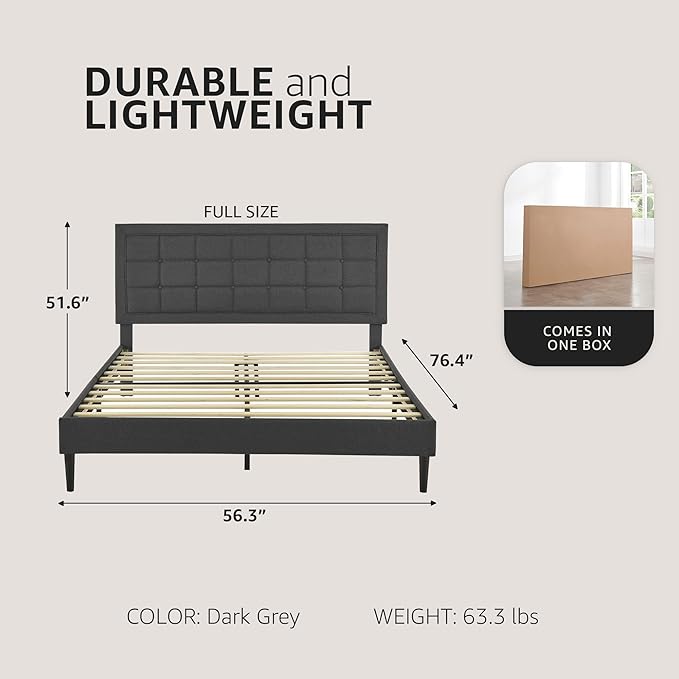 Decoro Mornington Upholstered 2.0 Platform Bed, Button-Tufted Fabric Headboard and Metal Frame with Wood Slat Support, Dark Grey, Full