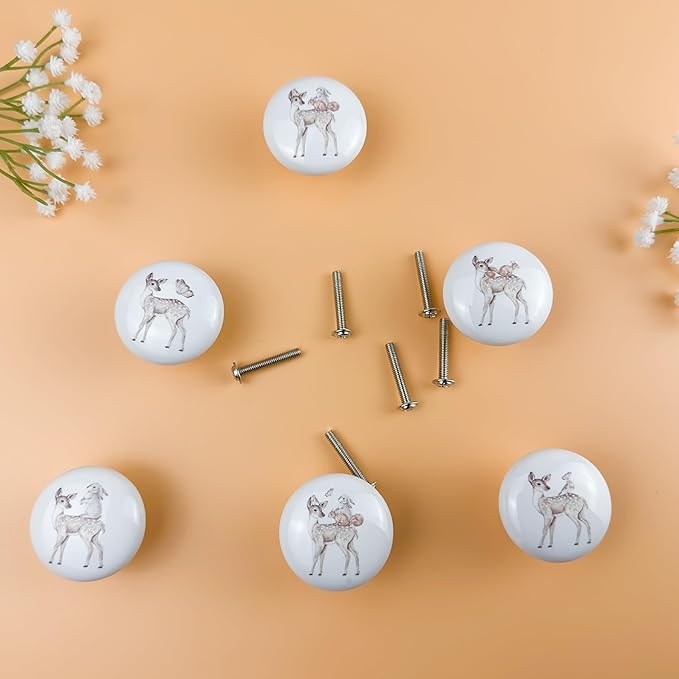 6 Pack 1.5" Ceramics Safari Nursery Kids Animal Unique Cute Cabinet Decorative Dresser Drawer knobs pulls (Deer)