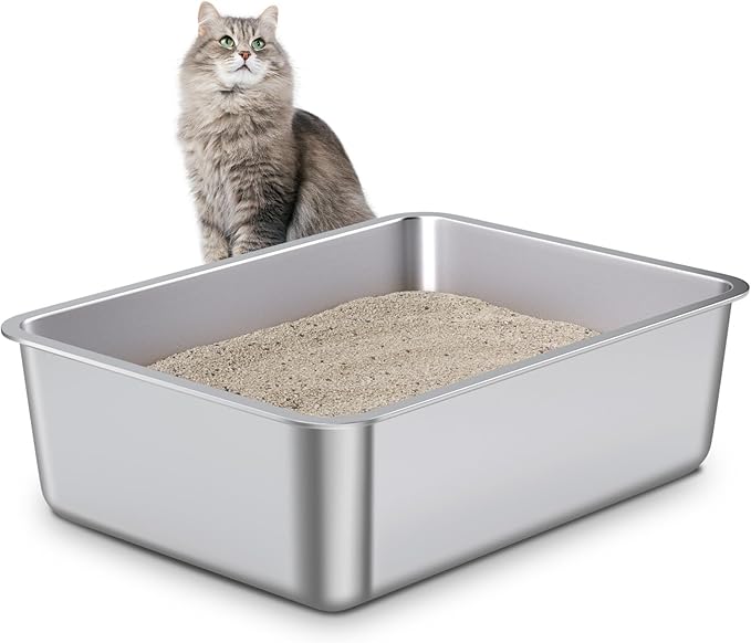 Stainless Steel Cat Litter Box,Metal Litter Box,Cat Litterbox for Kitten, Kitty, Rabbit, 6" High Side Cats Litter boxs,Large Stainless Steel LitterBox, No Smell,Non Stick,Easy to Clean-Mewly Pet