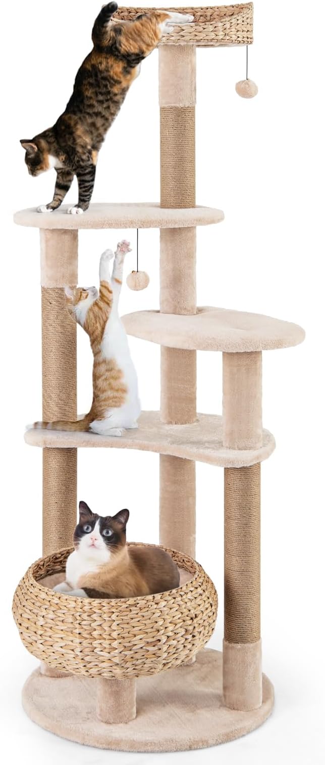 PETSITE 65 inch Cattail Cat Tree Tower, Multi-Level Cat Tower with Natural Jute Scratching Posts, Cat Bed, Top Perch, Dangling Balls and Jumping Platforms, Modern Tall Cat Tree for Indoor Cats-Mewly Pet