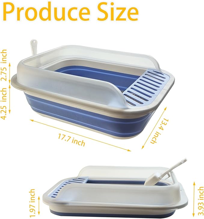 Open Cat Litter Box with High Side, Anti-Splashing Kitty Litter Pan Collapsible Travel Litter Potty Pan Scoop Leak-Proof Pedal Cat Toilet No Smell Easy Clean (M Blue High Side)-Mewly Pet