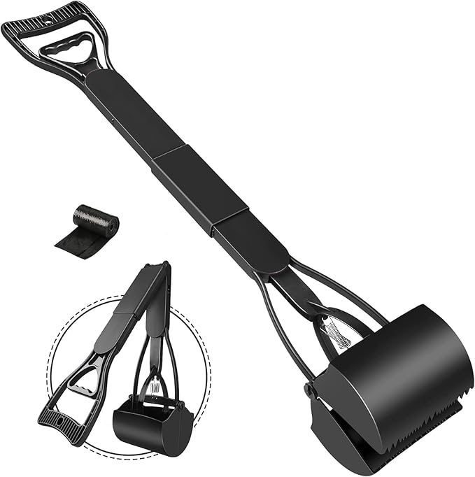 UPSKY 32'' Pooper Scooper for Large Small Dogs, Long Handle Dog Poop Scooper with Waste Bags, Portable Dog Poop Pick Up Tool, Folding Poop Scoop for Yard, Grass, Dirt, Gravel Black-Mewly Pet