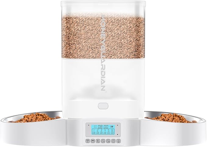 HoneyGuaridan Automatic Cat Feeder for Two,3.5L Cat Food Dispenser with Stainless Steel Bowl,Timed Feeder Programmable 1-6 Meals Control, Dual Power Supply,Desiccant Bag,10s Meal Call-Mewly Pet