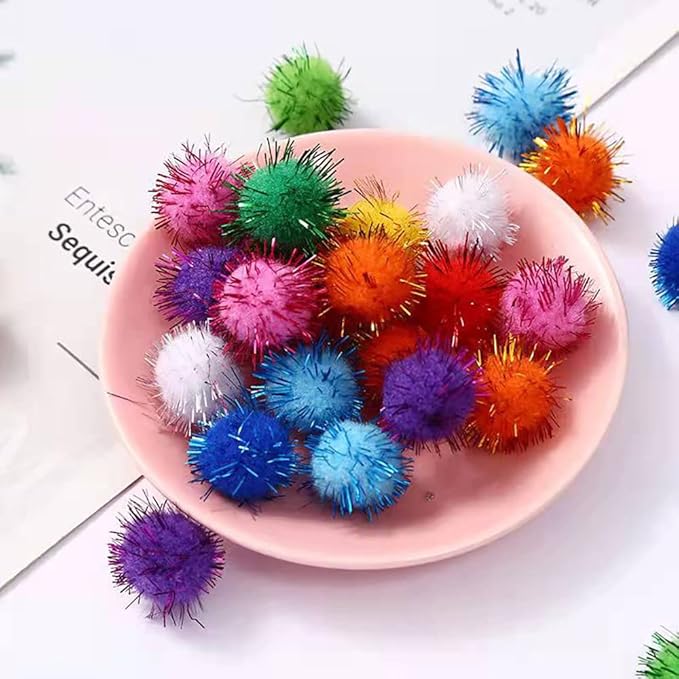 30Pcs 1.2inch/3cm Sparkle Balls for Cats - Interactive Toy Pom Pom Fuzzy Tinsel Cat Balls for Indoor Play (Mixed Colour)-Mewly Pet