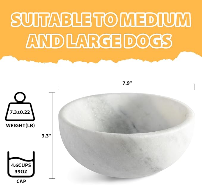 White Marble Dog Bowl - Non-Slip, Non-Tipping, Heavy Duty for Large Dogs - African Natural Stone Water and Food Bowl, Holds 4.6 Cups (7.5lbs)-Mewly Pet