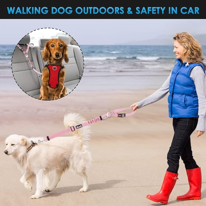 SlowTon Dog Seat Belt for Car, 2 Pack Dog Car Harness Seatbelt Adjustable with Elastic Bungee Buffer, 2 in 1 Pet Car Leash Headrest Restraint Dog Reflective Safety Tether (Pink, Headrest+Clip)-Mewly Pet