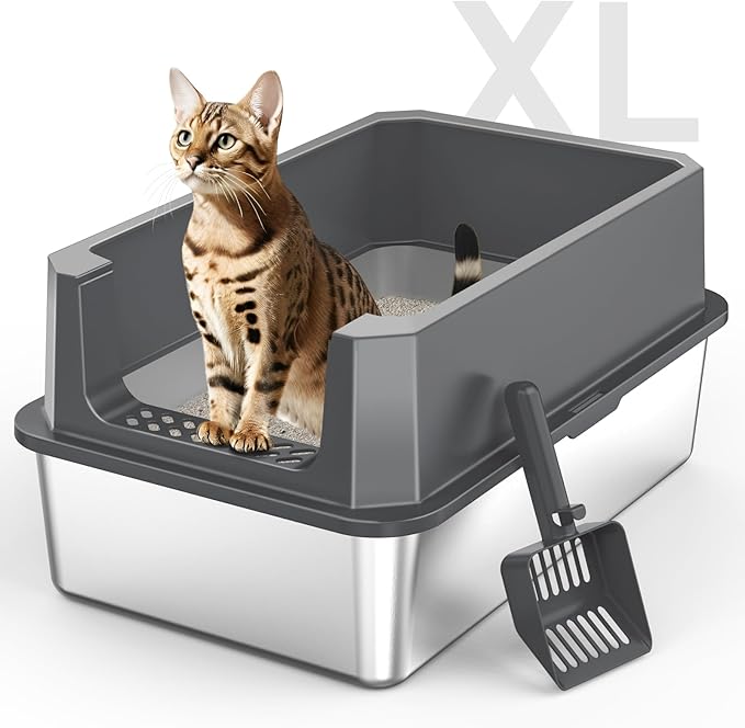 Stainless Steel Litter Box, Extra Large Litter Boxes for Big Cats, XLarge Metal Cat Litter Box with Lid, Anti-Urine Leakage XL Box with High Sides, Easy Clean, Non-Sticky, Scoop Included-Mewly Pet