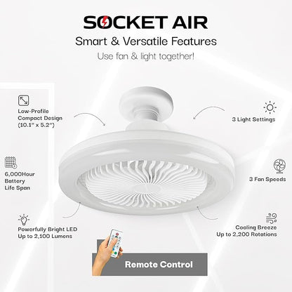 Bell+Howell SocketAir Wireless Ceiling Fan Light with Remote Control, Extender,110-120 Volt, 2100 Lumens, 3 Fan Speeds, 3 Light Settings, 6500K for Living, Dining, Working Space ASON TV