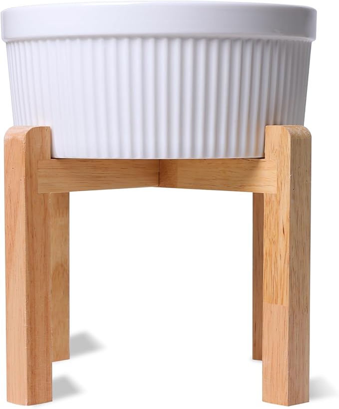 Large Dog Food Bowl, 65 oz Ceramic Bowls for Medium Breed, Pet Food Water Dish Heavy Wighted, Raised Dog Bowl with Wooden Stand, White-Mewly Pet