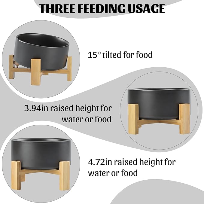 SPUNKYJUNKY 15° Slanted Ceramic Dog and Cat Bowl with Wooden Stand, Tilted Bulldog Food and Water Bowl No Slip Non-Spill for Cats Medium Dogs Big Face Pets 28.7 OZ (3.6 Cups, Black)-Mewly Pet