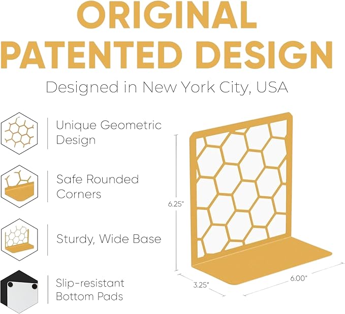 GEOMOD Geometric Honeycomb Gold Metal Bookends Decorative - Tall Sturdy Book Ends for Shelves - Modern Heavy Duty Bookend Stopper - Office or Home Book Shelf Book Holder - 6x3.25x6.25 Inches - 2 Pair