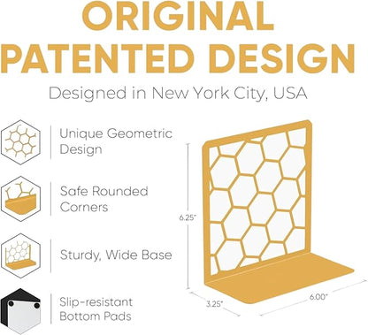GEOMOD Geometric Honeycomb Gold Metal Bookends Decorative - Tall Sturdy Book Ends for Shelves - Modern Heavy Duty Bookend Stopper - Office or Home Book Shelf Book Holder - 6x3.25x6.25 Inches - 1 Pair