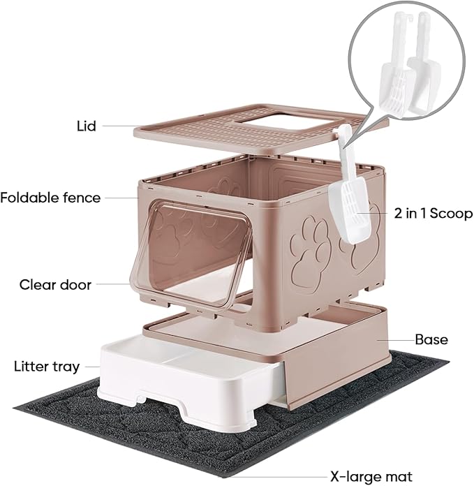 Cat Litter Box with X-Large Litter Mat and Scoop, Large Foldable Litter Box with Lid, Enclosed Kitty Box,Front Top Entry Exit, Odor Control Easy to Clean (Upgrade Coffee)-Mewly Pet
