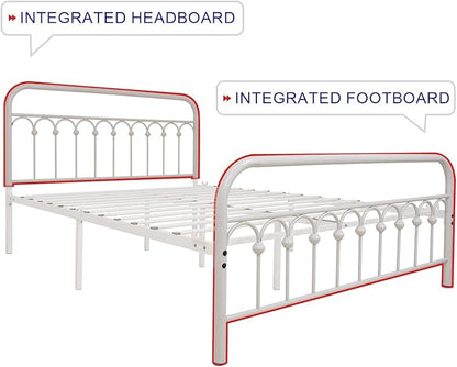 TUSEER Metal Bed Frame Queen Size with Vintage Headboard and Footboard Platform Base Wrought Iron Bed Frame (Queen,White)