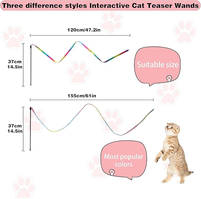 Cat Wand Toys Interactive Kitten Toys for Indoor Cats Colorful Teaser Wand String for Exercise Kitten Stick Kitty Rope Toy Rainbow Ribbon Cat Charmer -2Pcs-Mewly Pet