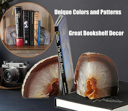 AMOYSTONE Agate Bookends for Shelf Decorative Geode Book Ends for Heavy Books Crystal Bookends for Shelves Nature Brown Small(1 Pair, 2-3 LBS)
