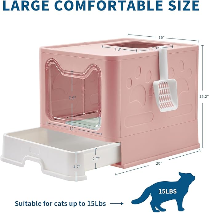 Cat Litter Box with Litter Mat and Scoop, Large Foldable Litter Box with Lid, Front Entry Top Exit Kitty Box, Odor Control, Easy to Clean (Pink)-Mewly Pet