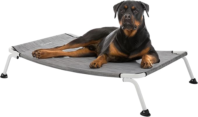 Veehoo Elevated Dog Bed for Outdoor, Cooling Waterproof Raised Dog Cots Beds XL, Curved Off Ground Pet Hammock Cot Lifted for Outside, up to 150lbs, White Legs, Black Silver 49"-Mewly Pet