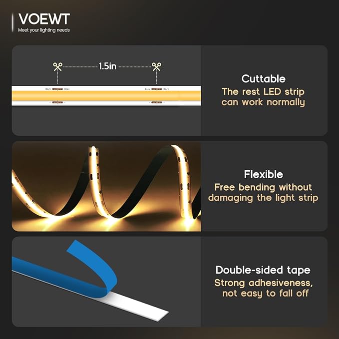 COB LED Strip Lights Warm White 3000K,16.4ft 24V High CRI 95Ra+ Super Bright,Flexible Tape Lights for Bedroom,Mirror,Kitchen Cabinet, Living Room(Power Supply Not Included)